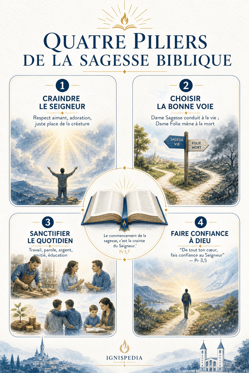 Infographie des grands thèmes des Proverbes : la crainte du Seigneur, les deux voies, la sagesse du quotidien, la confiance en Dieu