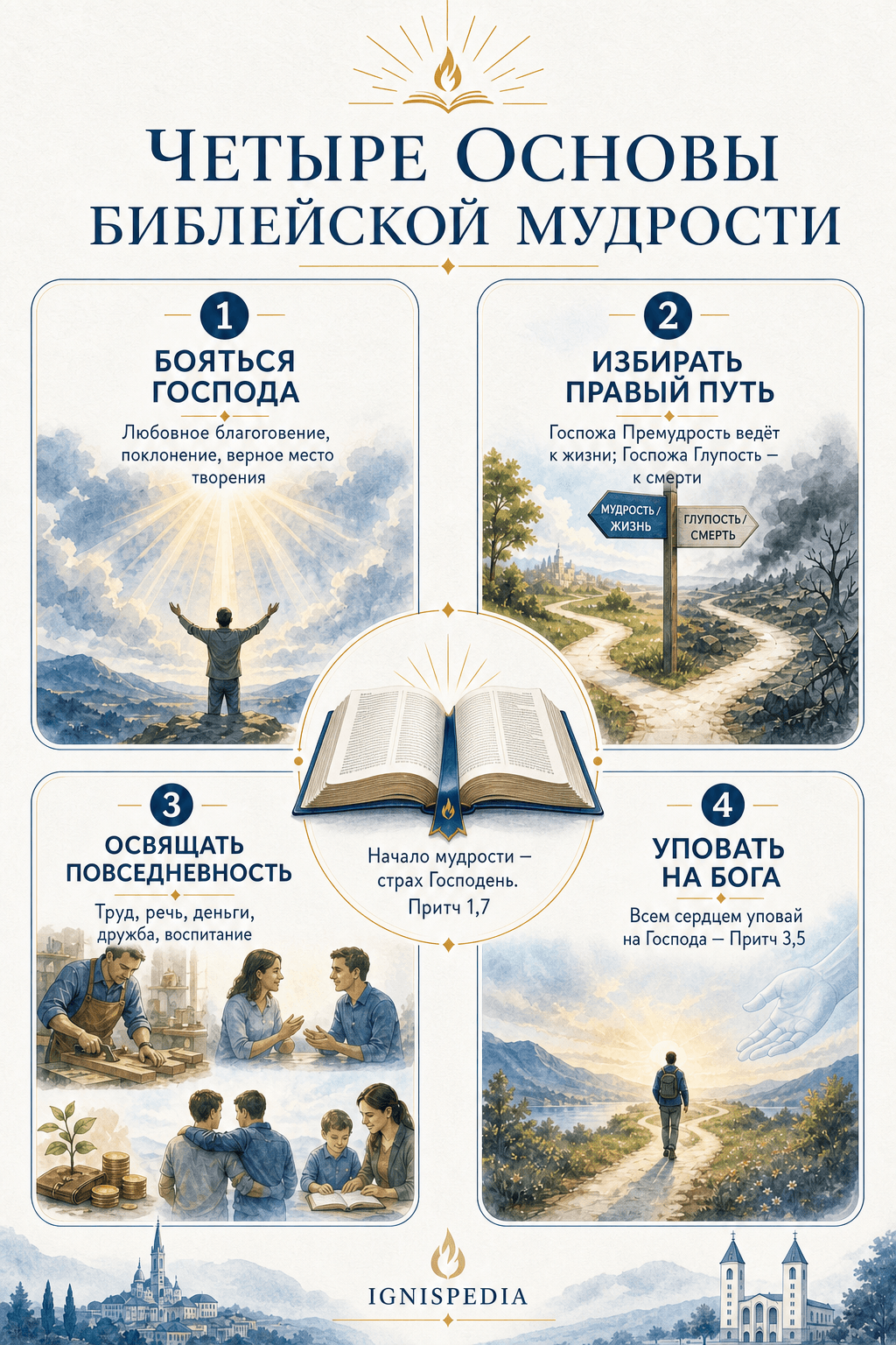 Инфографика главных тем Книги Притчей: страх Господень, два пути, житейская мудрость, упование на Бога