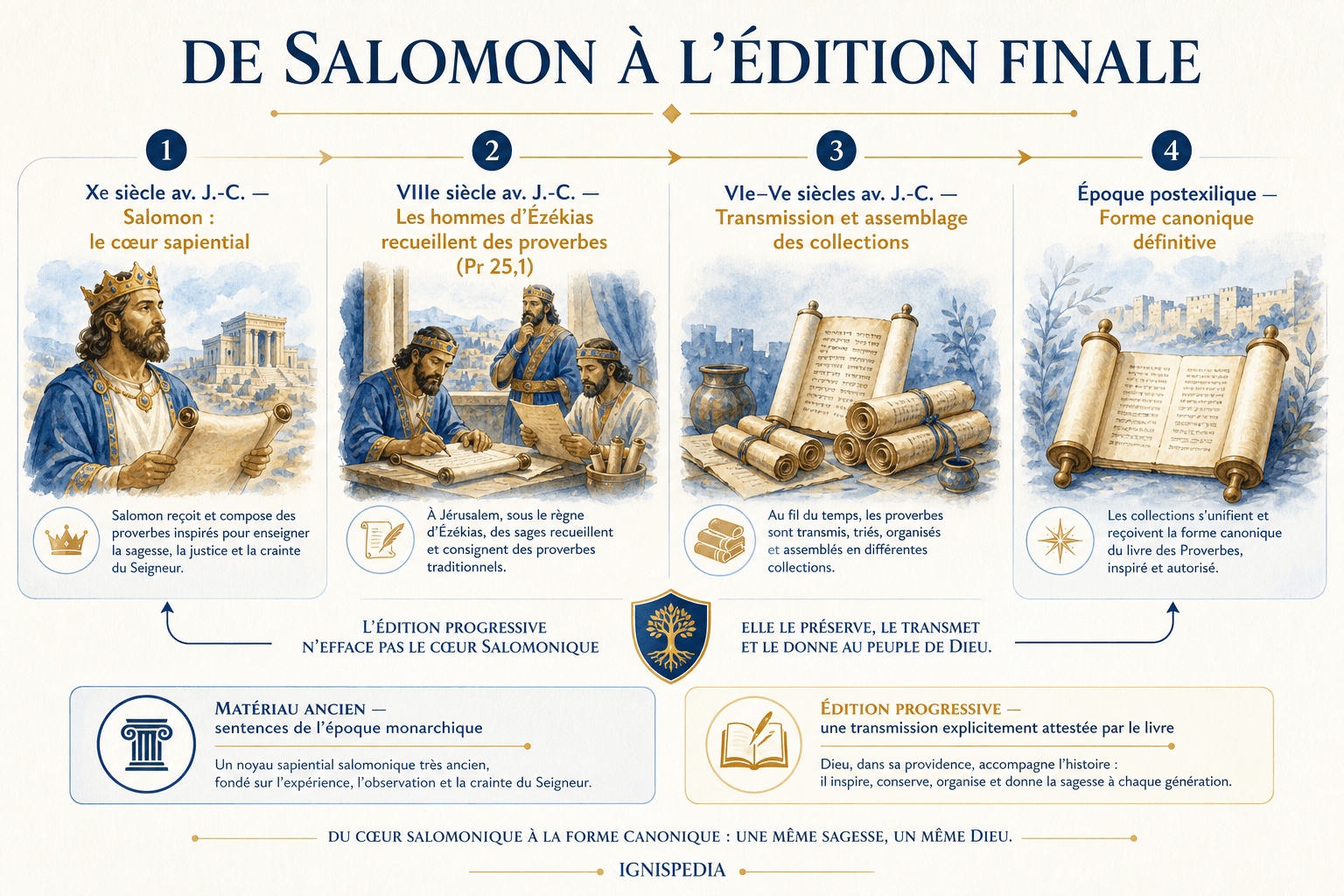 Infographie chronologique de la composition des Proverbes, de Salomon aux hommes d'Ézékias jusqu'à l'édition postexilique