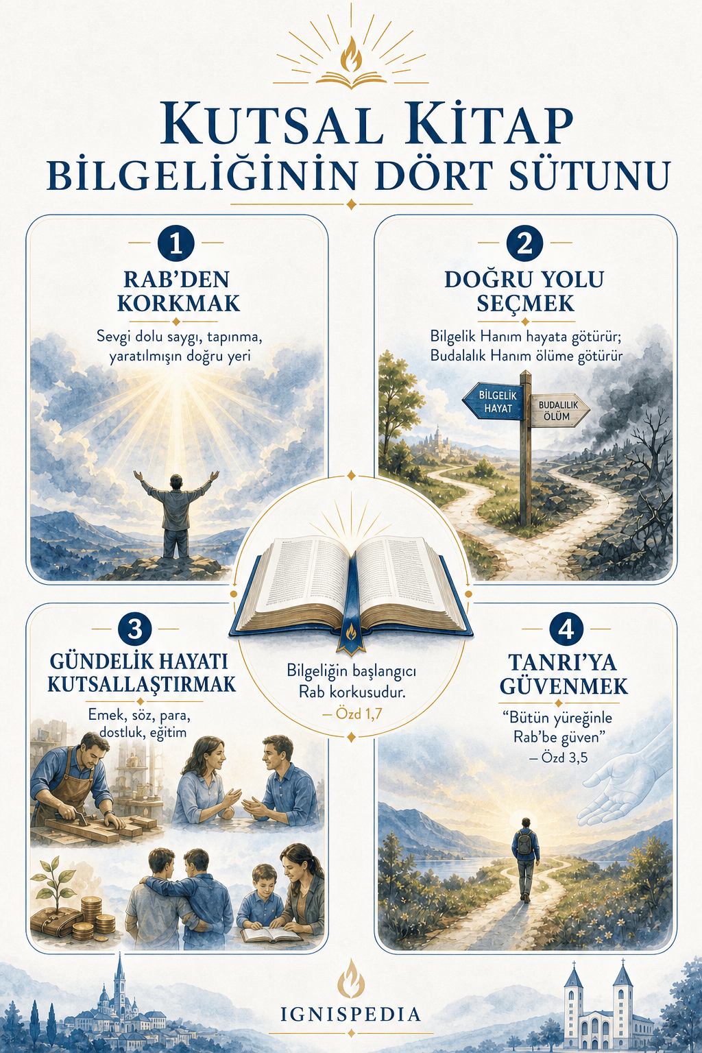 Süleyman'ın Özdeyişleri'nin ana temalarının infografiği: Rab korkusu, iki yol, günlük yaşam bilgeliği, Tanrı'ya güven