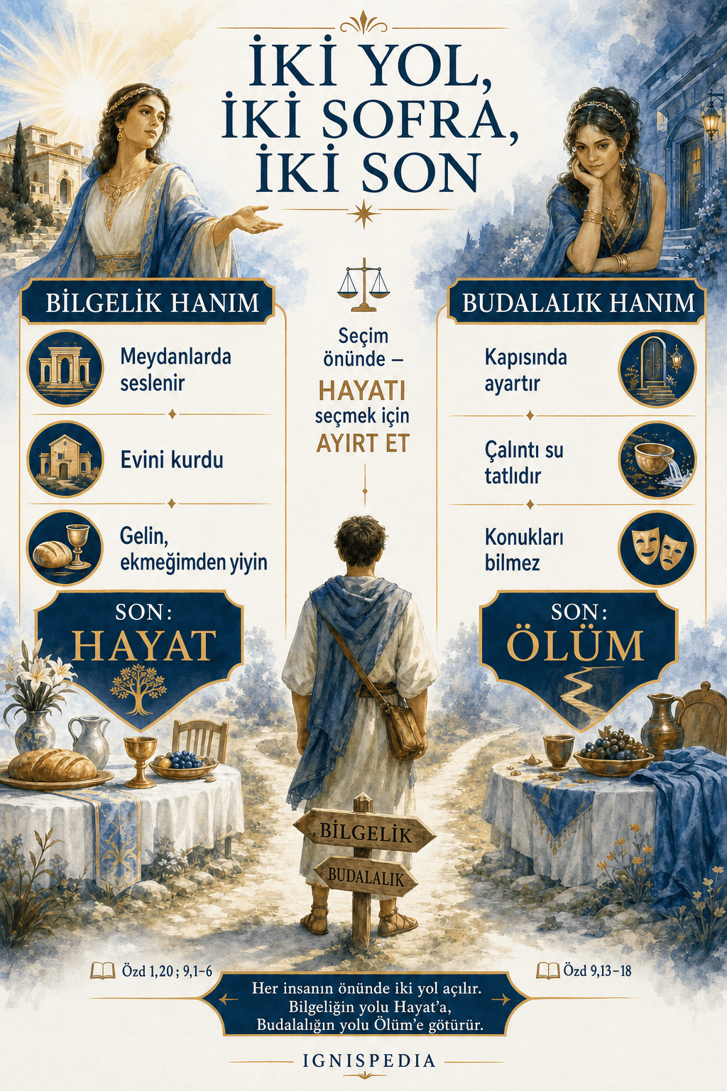 Süleyman'ın Özdeyişleri 9'da Bilgelik Hanımı ve Delilik Hanımı, onların iki şöleni ve iki kaderini karşılaştıran infografik