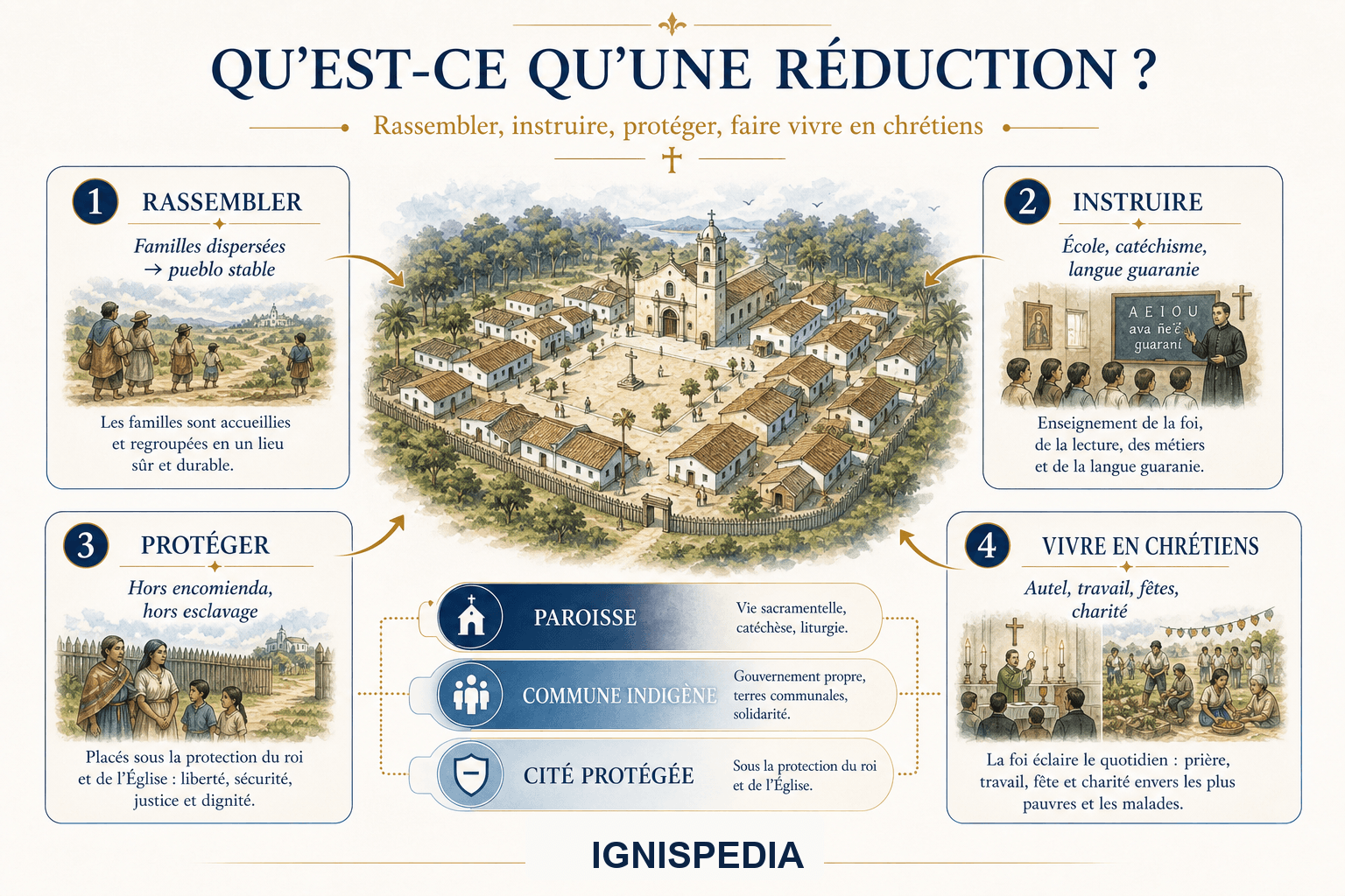 Infographie expliquant qu'une réduction rassemble, instruit, protège et fait vivre en chrétiens