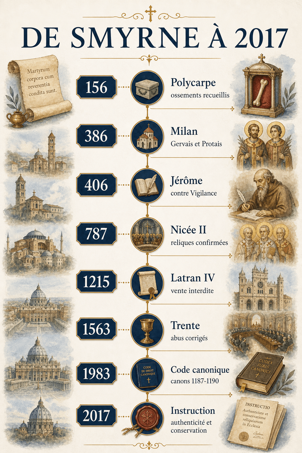 Frise chronologique de Polycarpe à l'Instruction de 2017 sur les reliques