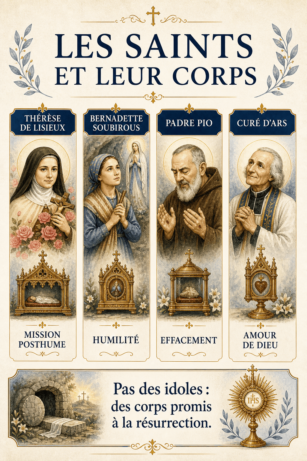 Infographie sur Thérèse de Lisieux, Bernadette Soubirous, Padre Pio et le Curé d'Ars face au sens spirituel du corps