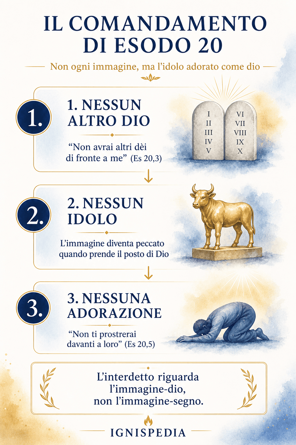 Infografica in tre passaggi che mostra che il divieto di Esodo 20 riguarda gli altri dèi, gli idoli e l’adorazione delle creature.