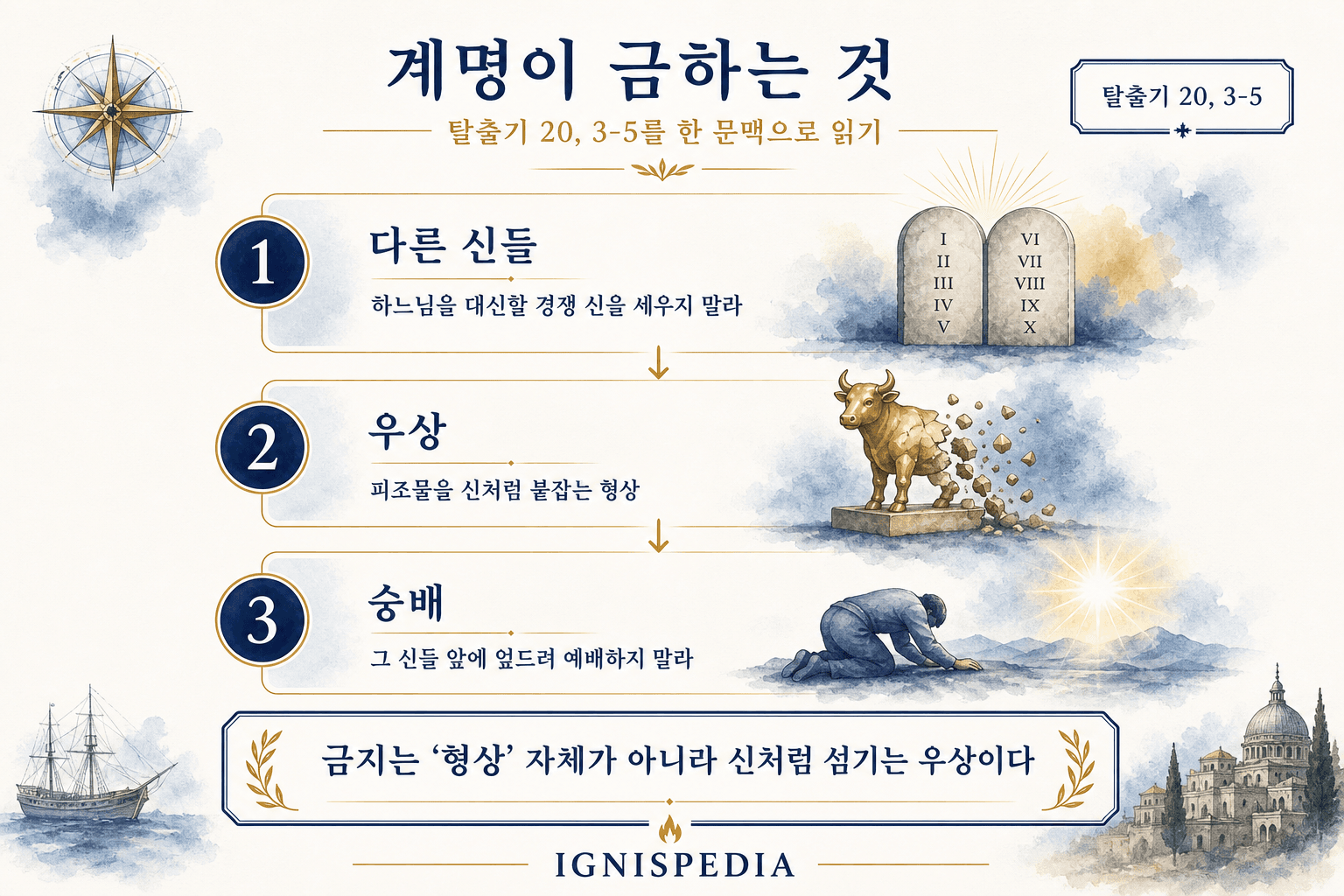 세 단계로 탈출기 20장의 금지가 다른 신들, 우상, 피조물 숭배를 겨냥함을 보여주는 인포그래픽.