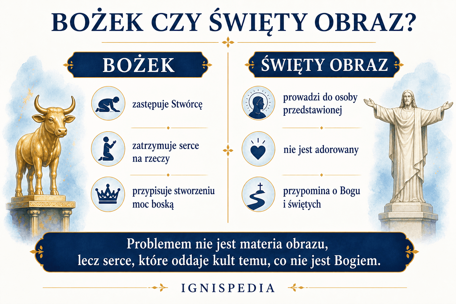 Infografika porównująca bożka uznawanego za boga z obrazem świętym, który odsyła do przedstawionej osoby.