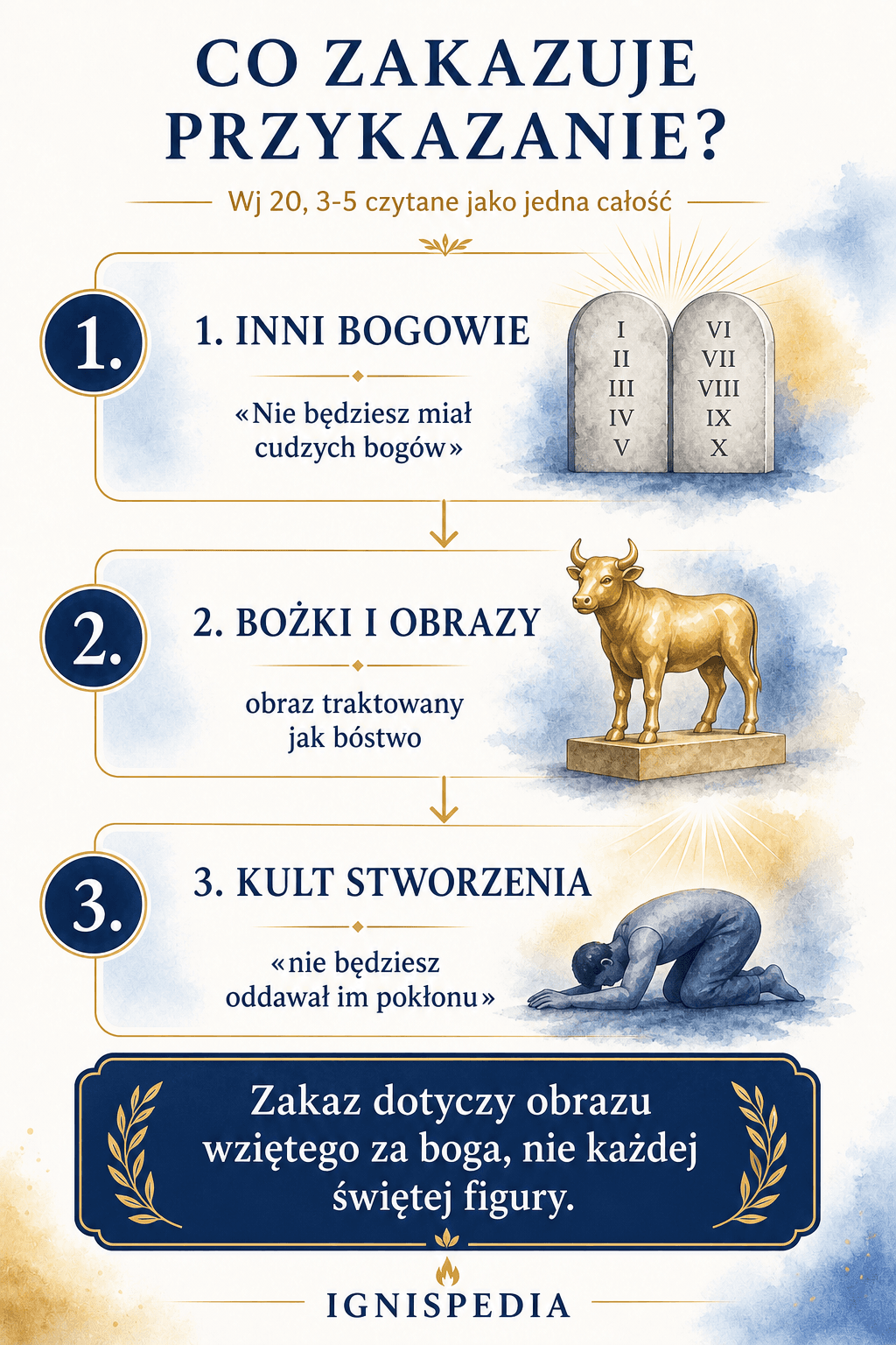 Infografika w trzech krokach pokazująca, że zakaz z Księgi Wyjścia 20 dotyczy innych bogów, bożków i adoracji stworzeń.