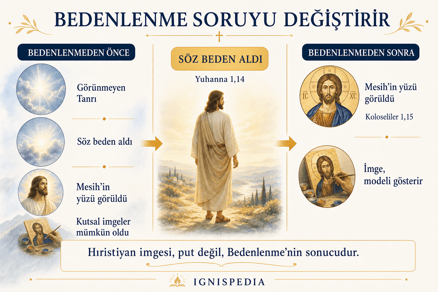 Bedenlenmeden önce Tanrı’nın görünmezliği ile, ete bürünen Logos’un görünürlüğünü ve Hristiyan imgelerinin temelini karşılaştıran infografik.