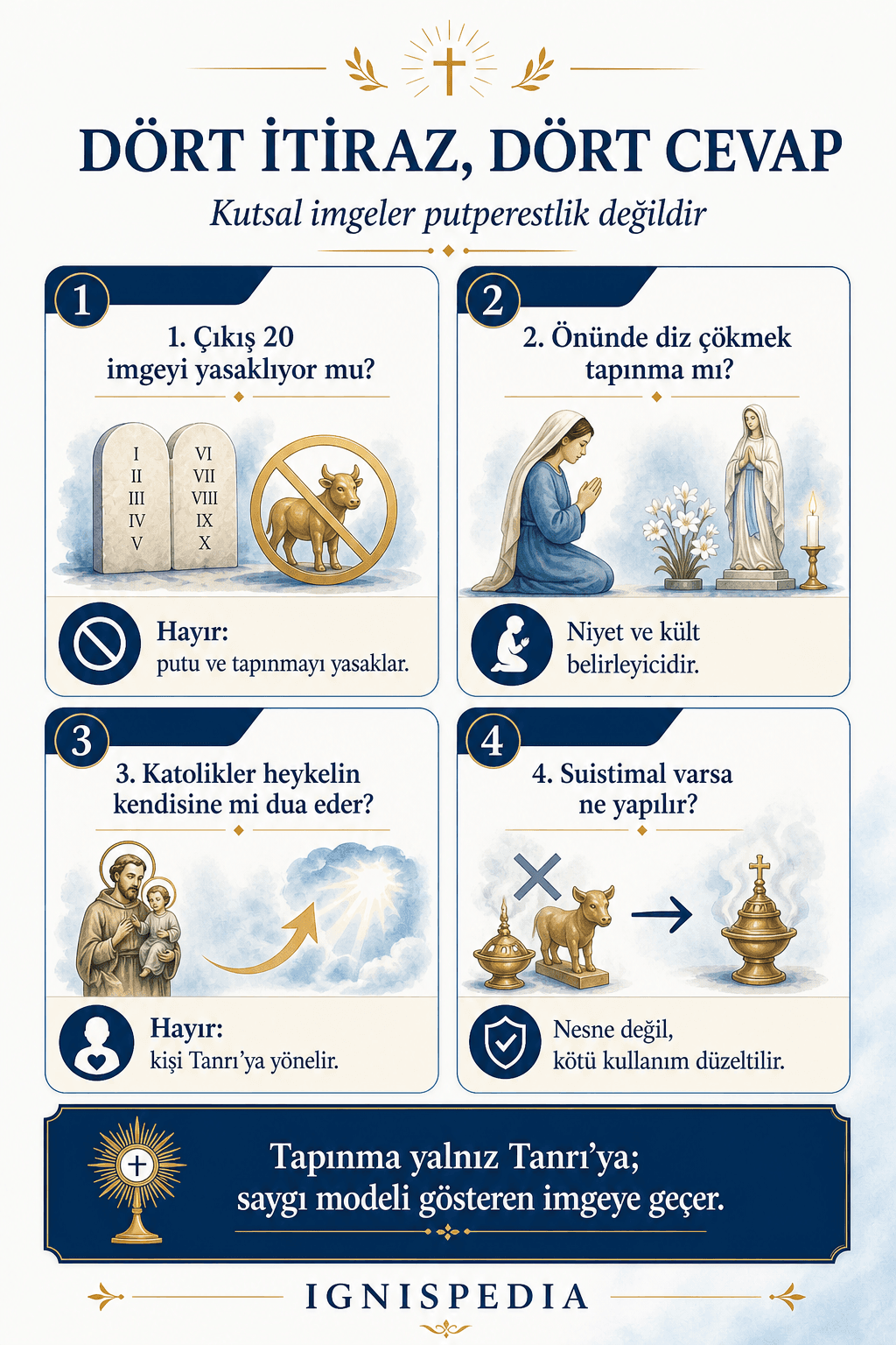 Katolik heykellerine yönelik dört yaygın itirazı ve yanıtlarını özetleyen infografik.