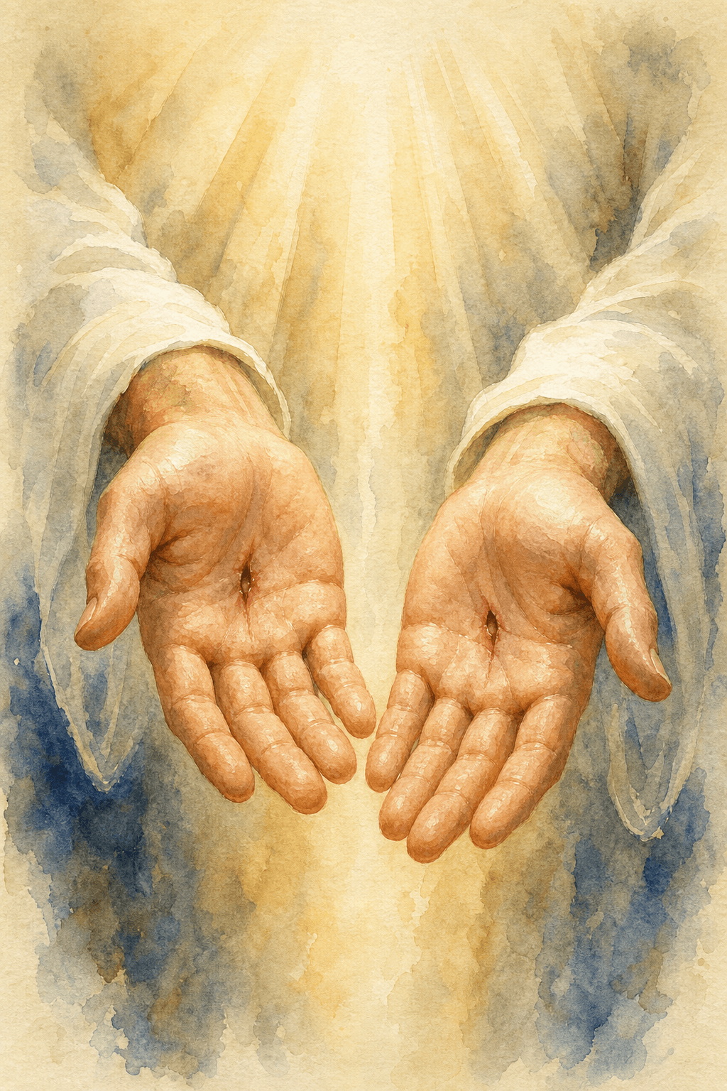 Aquarelle des mains du Christ ressuscité portant les stigmates