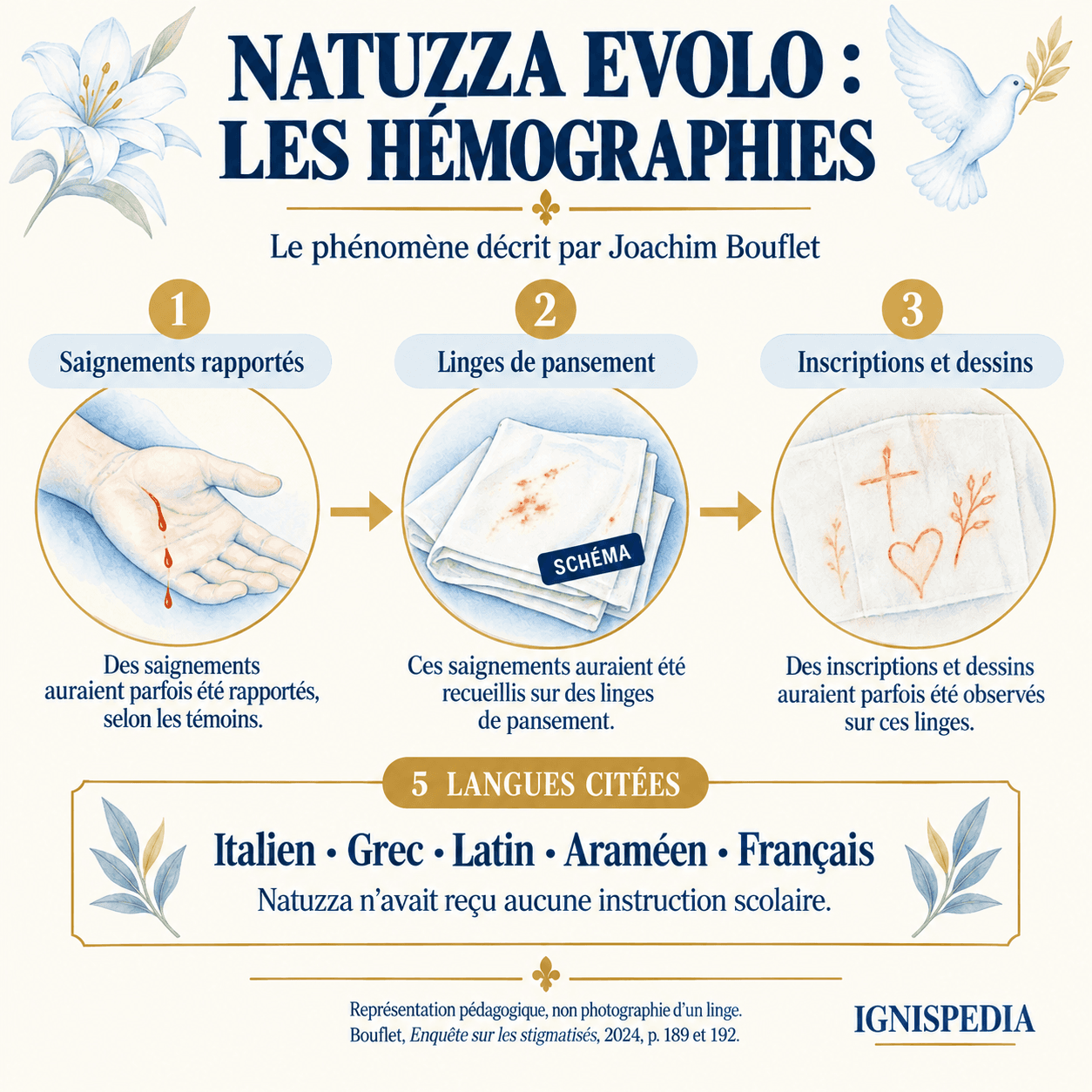 Schéma des hémographies et des cinq langues citées par Bouflet pour Natuzza Evolo