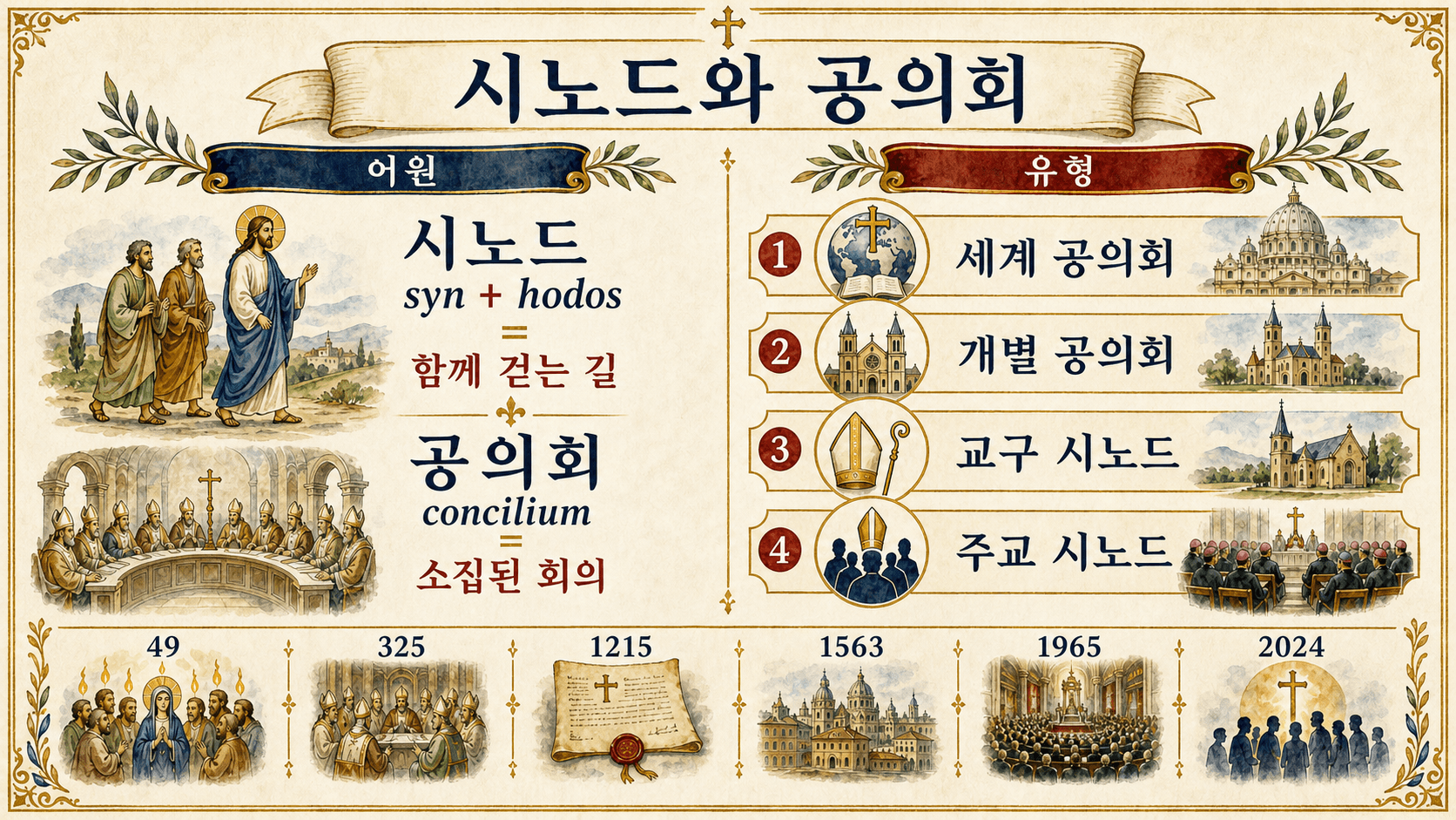 49년부터 2024년까지의 대회 및 공의회, 가톨릭 유형 및 프리즈의 어원을 설명하는 인포그래픽
