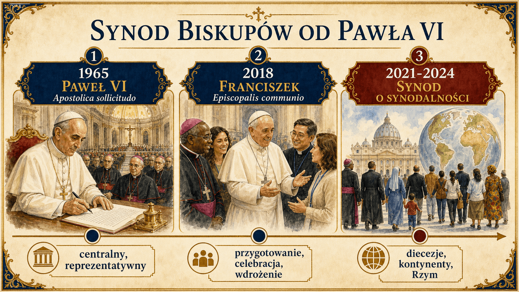 Infografika dotycząca Synodu Biskupów od Pawła VI do Franciszka