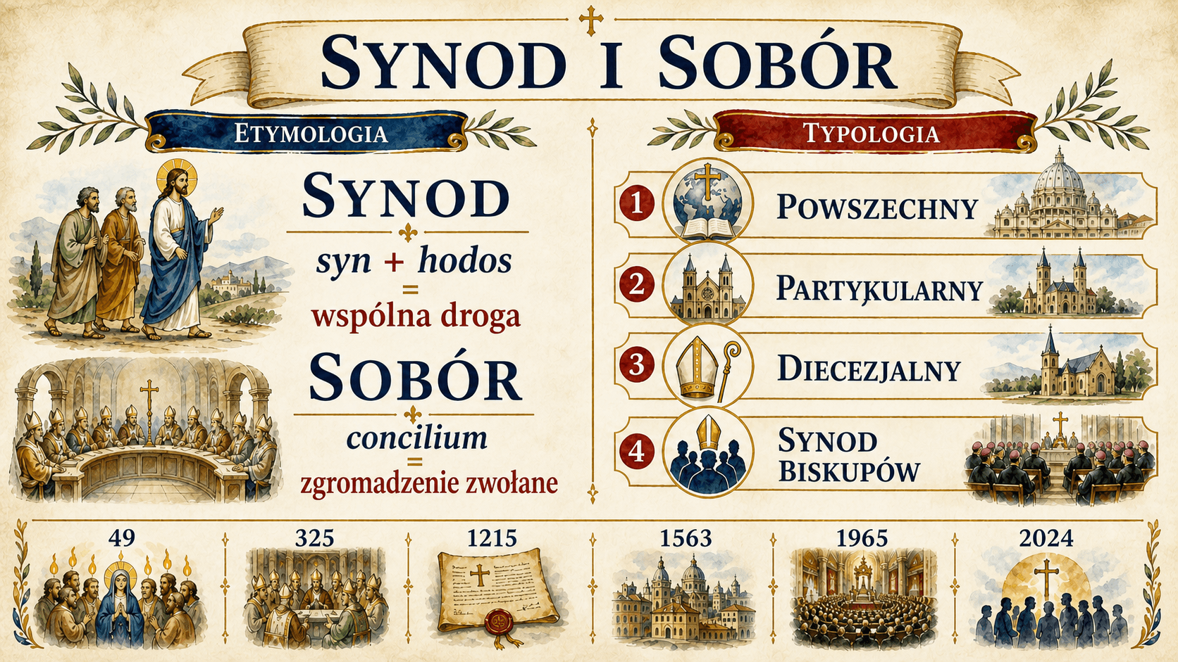 Infografika wyjaśniająca etymologię synodu i soboru, typologię katolicką oraz fryz od 49 do 2024 roku