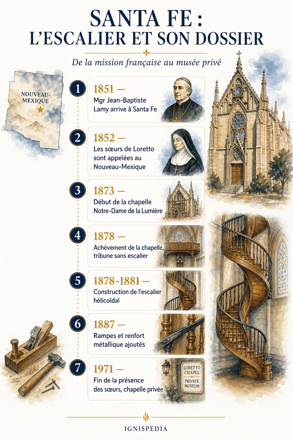 Infographie chronologique sur la chapelle Loretto et l'escalier de Santa Fe