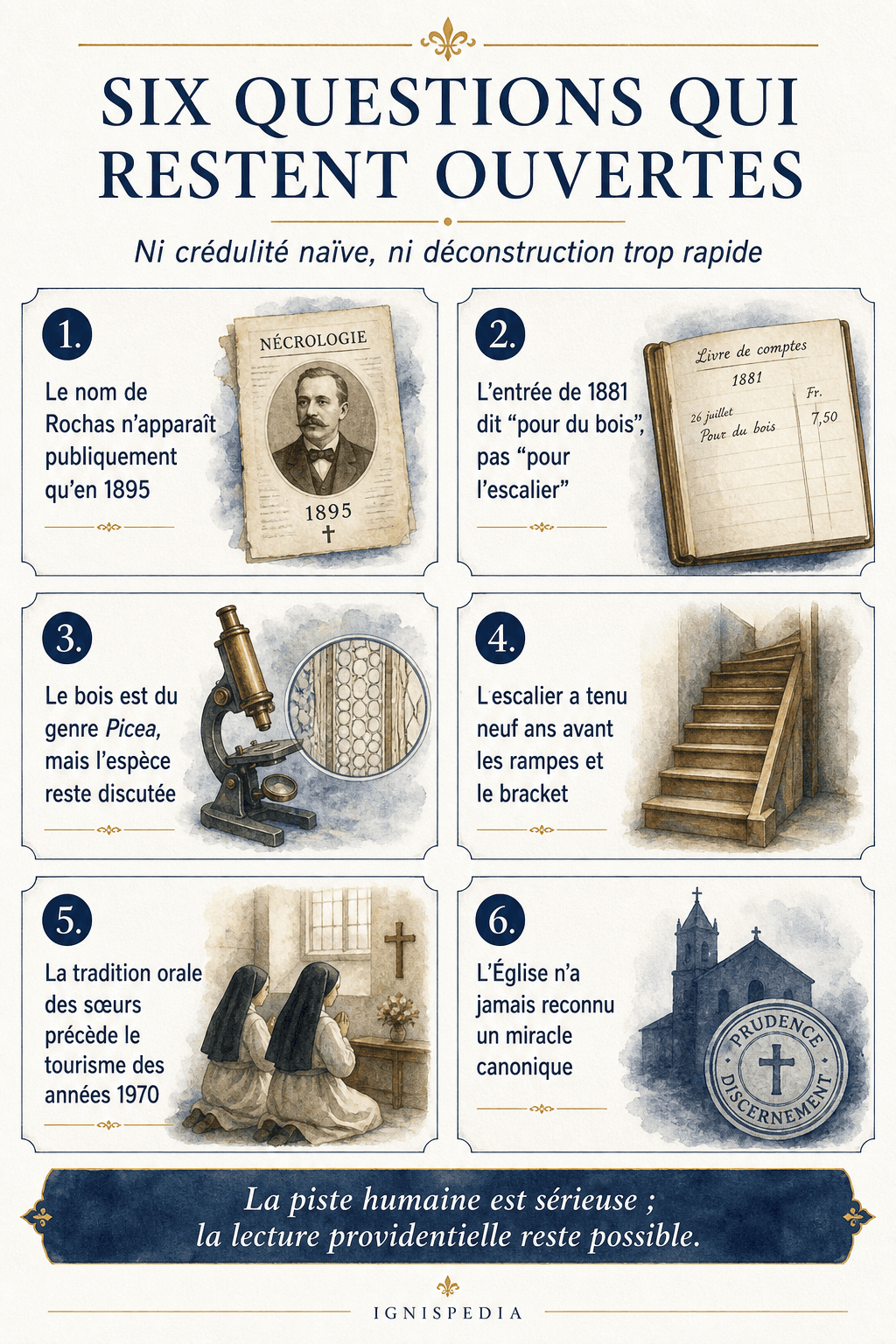 Infographie sur les six questions ouvertes dans le dossier de l'escalier de Santa Fe