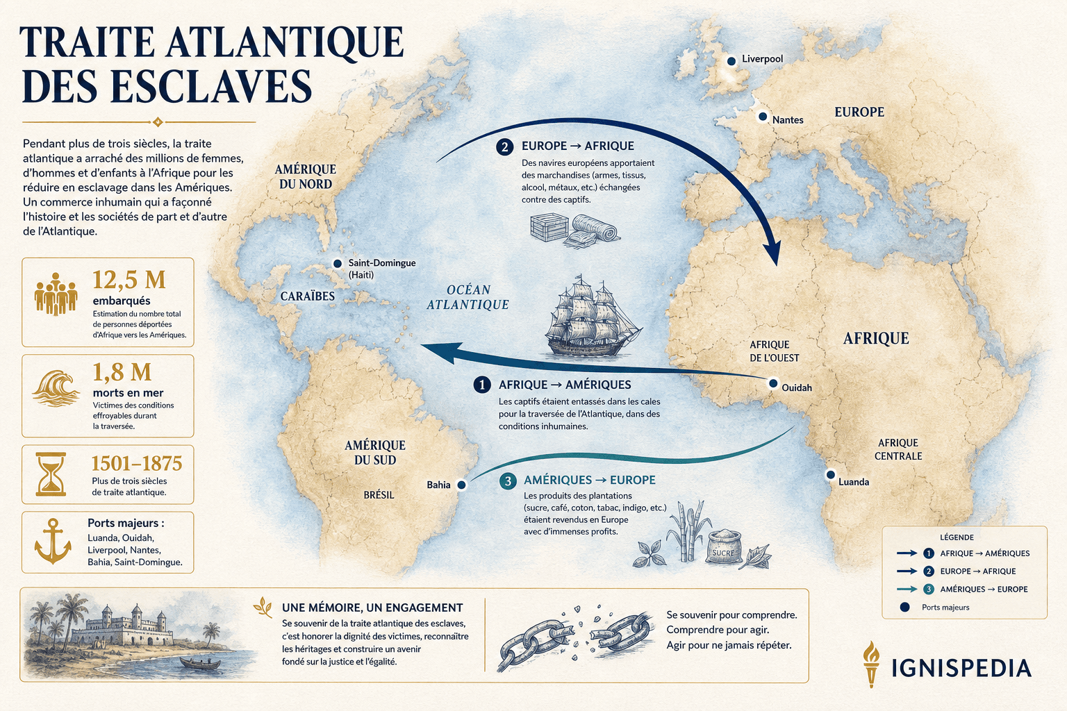 Infographie cartographique des routes de la traite atlantique entre Afrique, Europe et Amériques