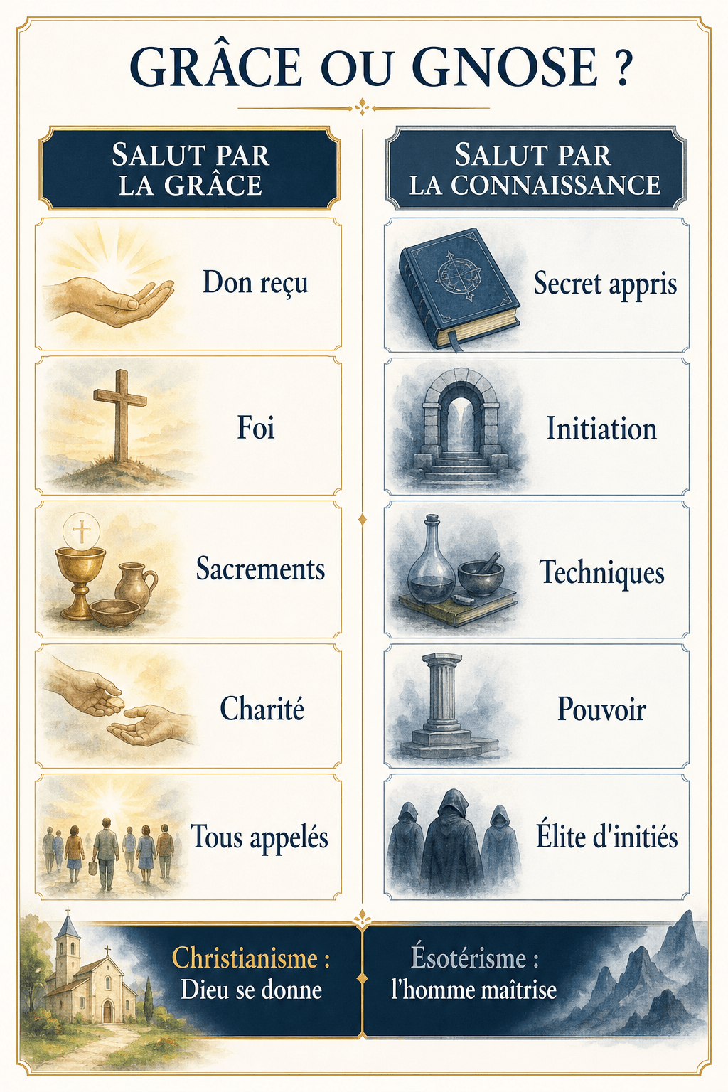 Diagramme comparant le salut chrétien par la grâce et le salut ésotérique par la connaissance