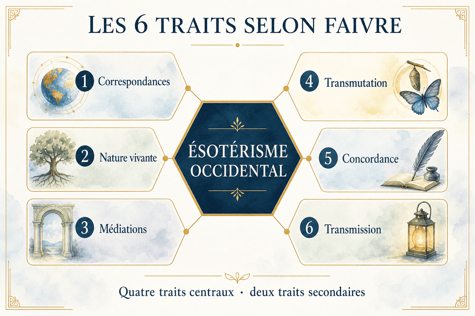 Schéma des six traits de l'ésotérisme occidental selon Antoine Faivre