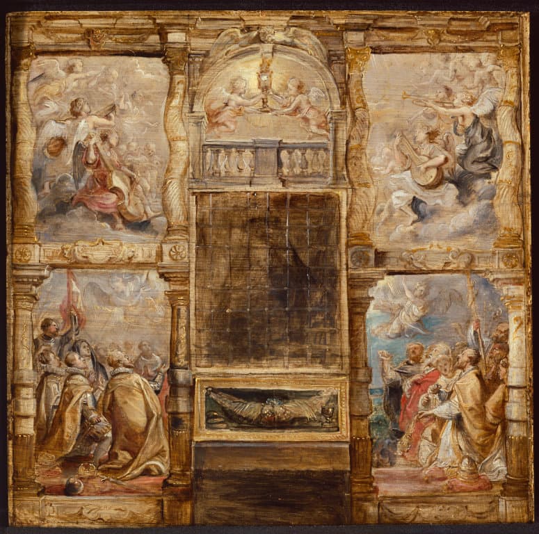 Skizze von Rubens für eine monumentale Komposition über die Anbetung der Eucharistie, auf der die Gläubigen sich dem Allerheiligsten Sakrament zuwenden.