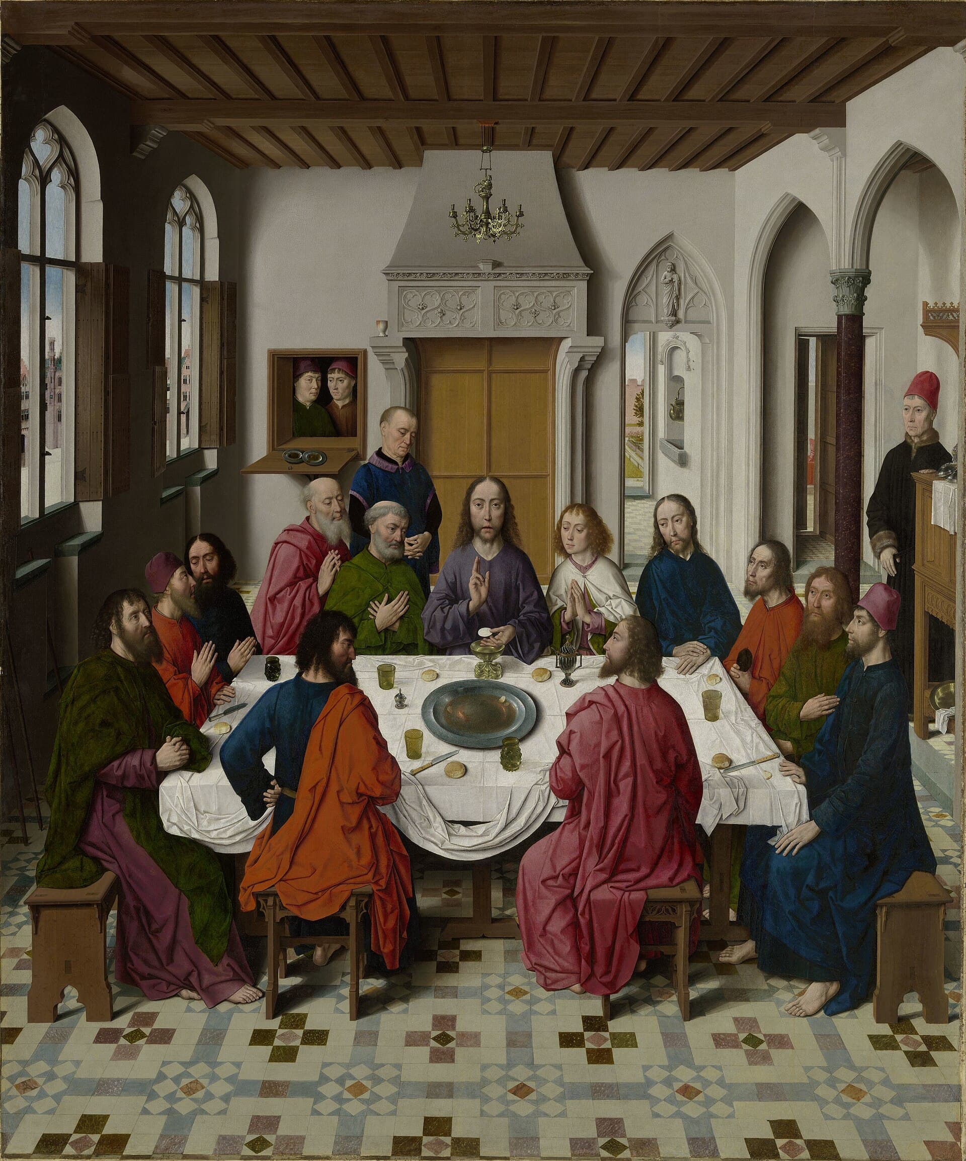 Das letzte Abendmahl von Dieric Bouts: Christus segnet das Brot inmitten der um den Tisch versammelten Apostel.