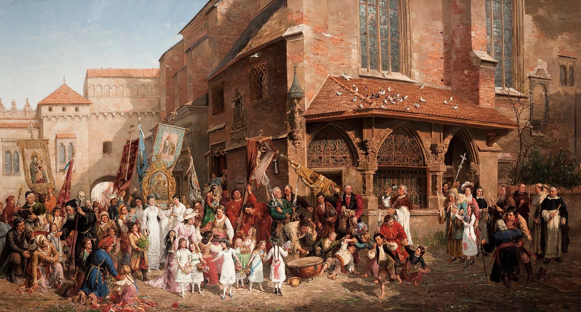 Fronleichnamsprozession, die aus einer Krakauer Kirche zieht, mit Fahnen, Klerus, Kindern und einer großen Schar von Gläubigen.