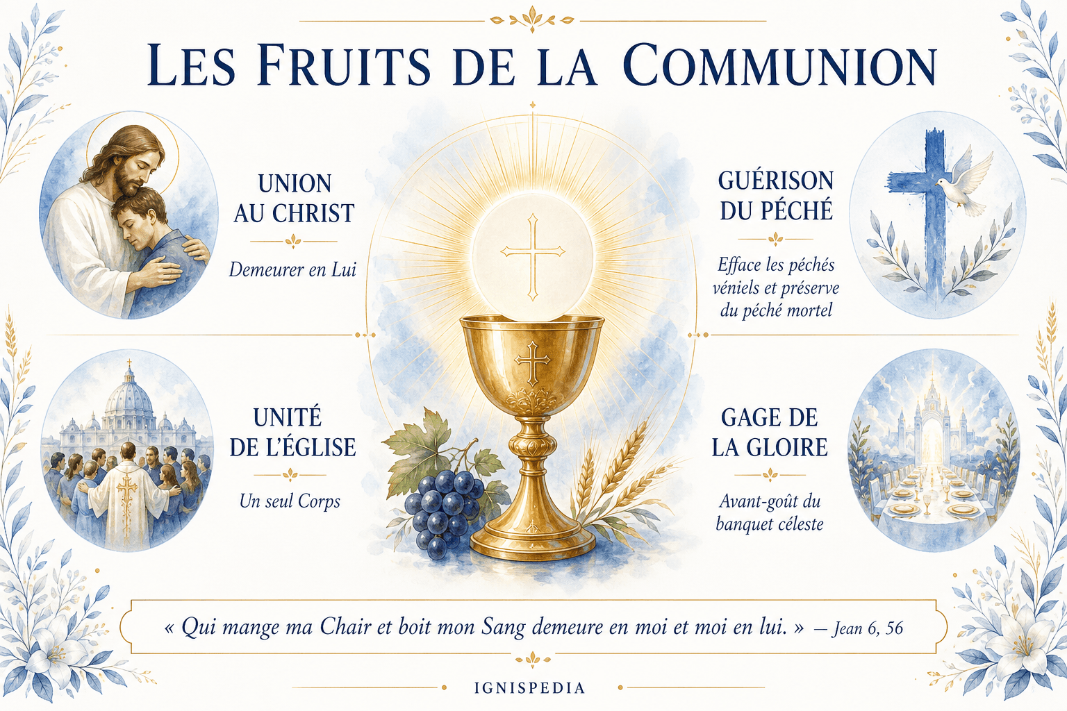 Infografik zu den vier Früchten der eucharistischen Kommunion: die innige Vereinigung mit Christus, die Trennung von der Sünde, die Einheit der Kirche und das Unterpfand der künftigen Herrlichkeit.