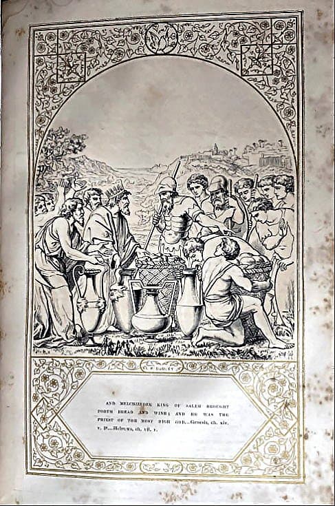 Stich von 1873, der zeigt, wie Melchisedek Abraham Brot und Wein bringt.