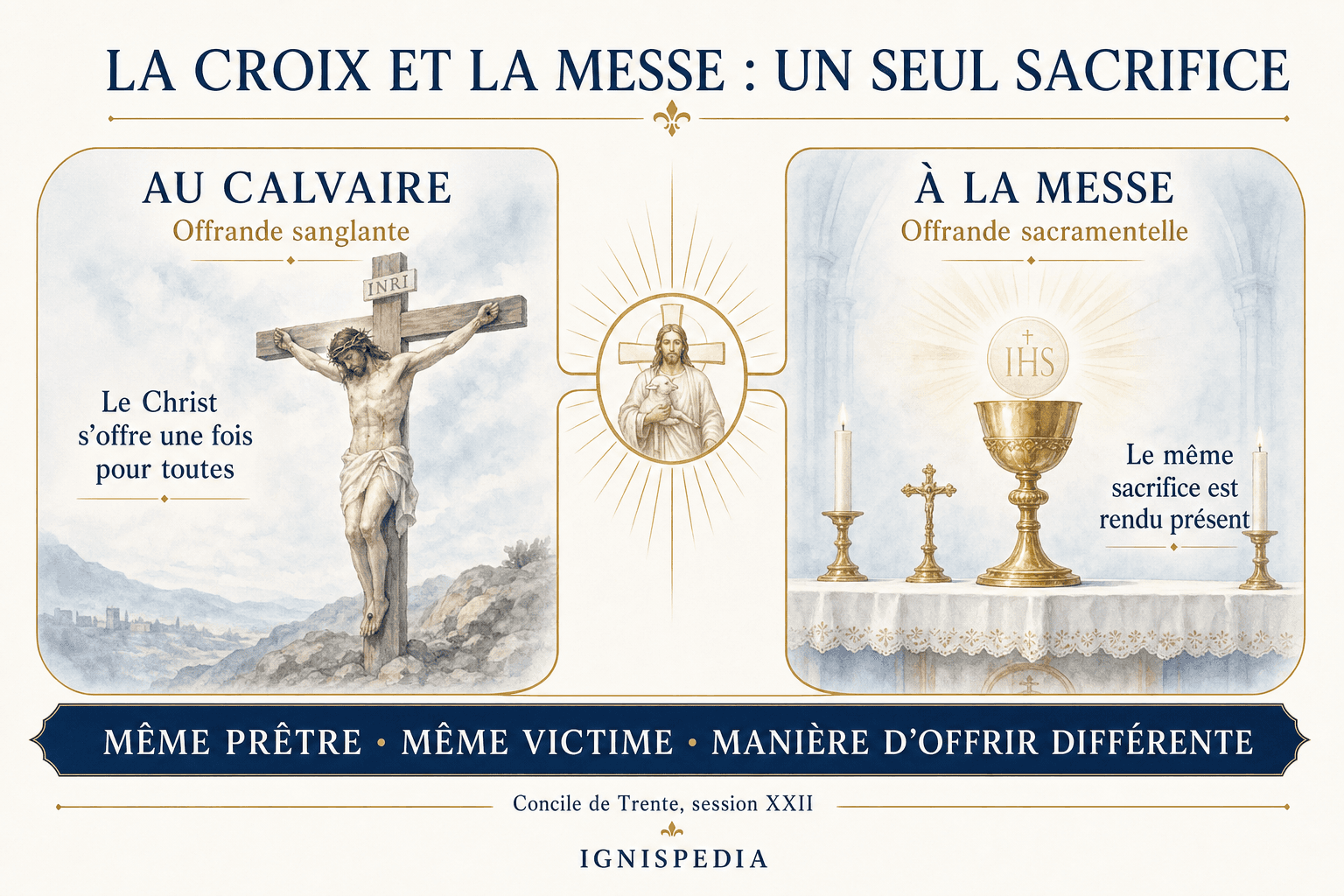 Infografik, die das blutige Opfer des Kreuzes und das unblutige Opfer der Messe mit einem Pfeil verbindet: ein und dasselbe Opfer, Christus, nur die Weise der Darbringung unterscheidet sich.