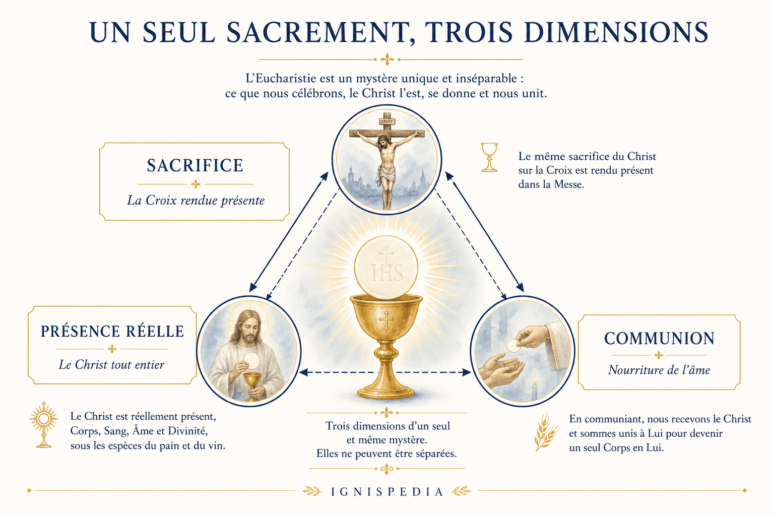 Infografik in Dreiecksform zu den drei Dimensionen der Eucharistie: das Opfer (das gegenwärtig gesetzte Kreuz), die reale Gegenwart (der ganze Christus unter den Gestalten) und die Kommunion (die Speise der Seele).