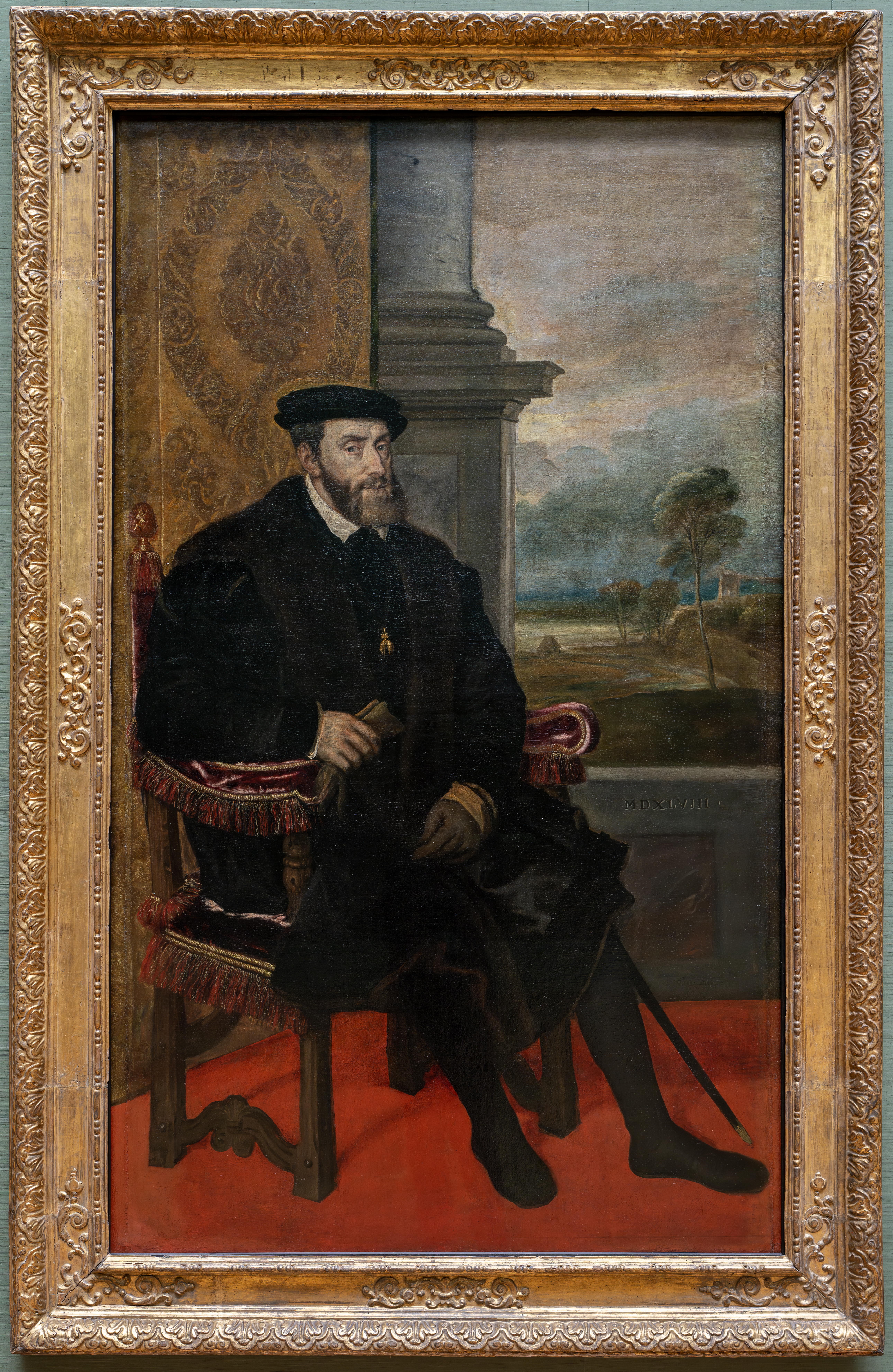 Porträt Karls V. von Tizian, des Kaisers, der 1542 die Leyes Nuevas verkündete