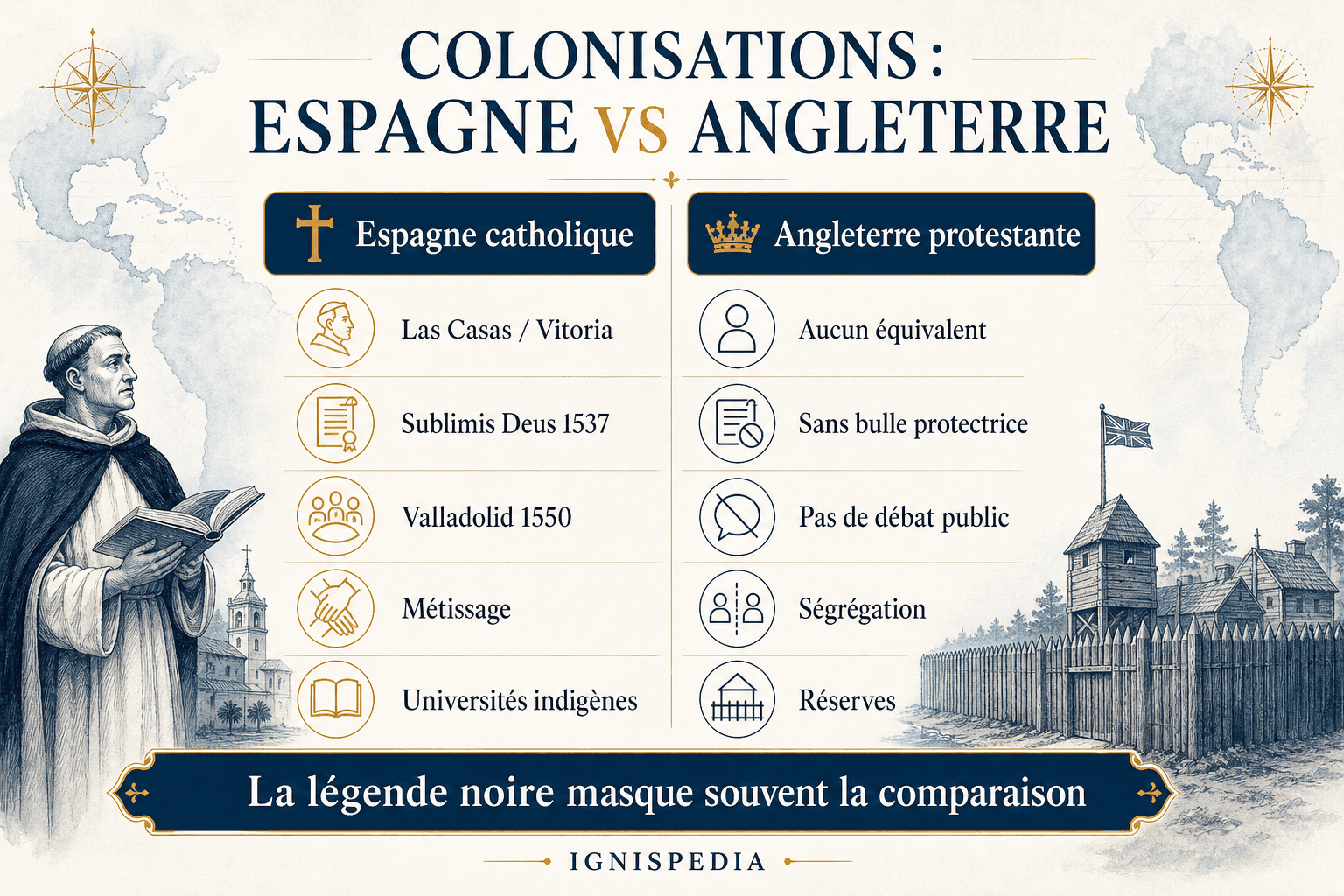 Infographie Ignispedia comparant la colonisation espagnole catholique et la colonisation anglaise protestante en Amérique