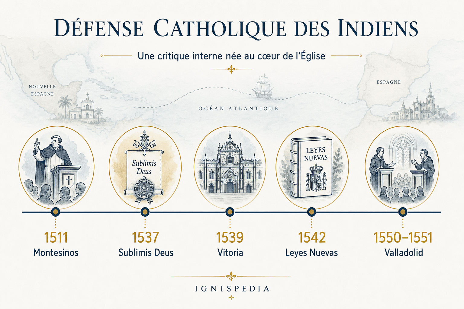 Infographie Ignispedia sur un siècle de défense catholique des Indiens, de Montesinos à Valladolid