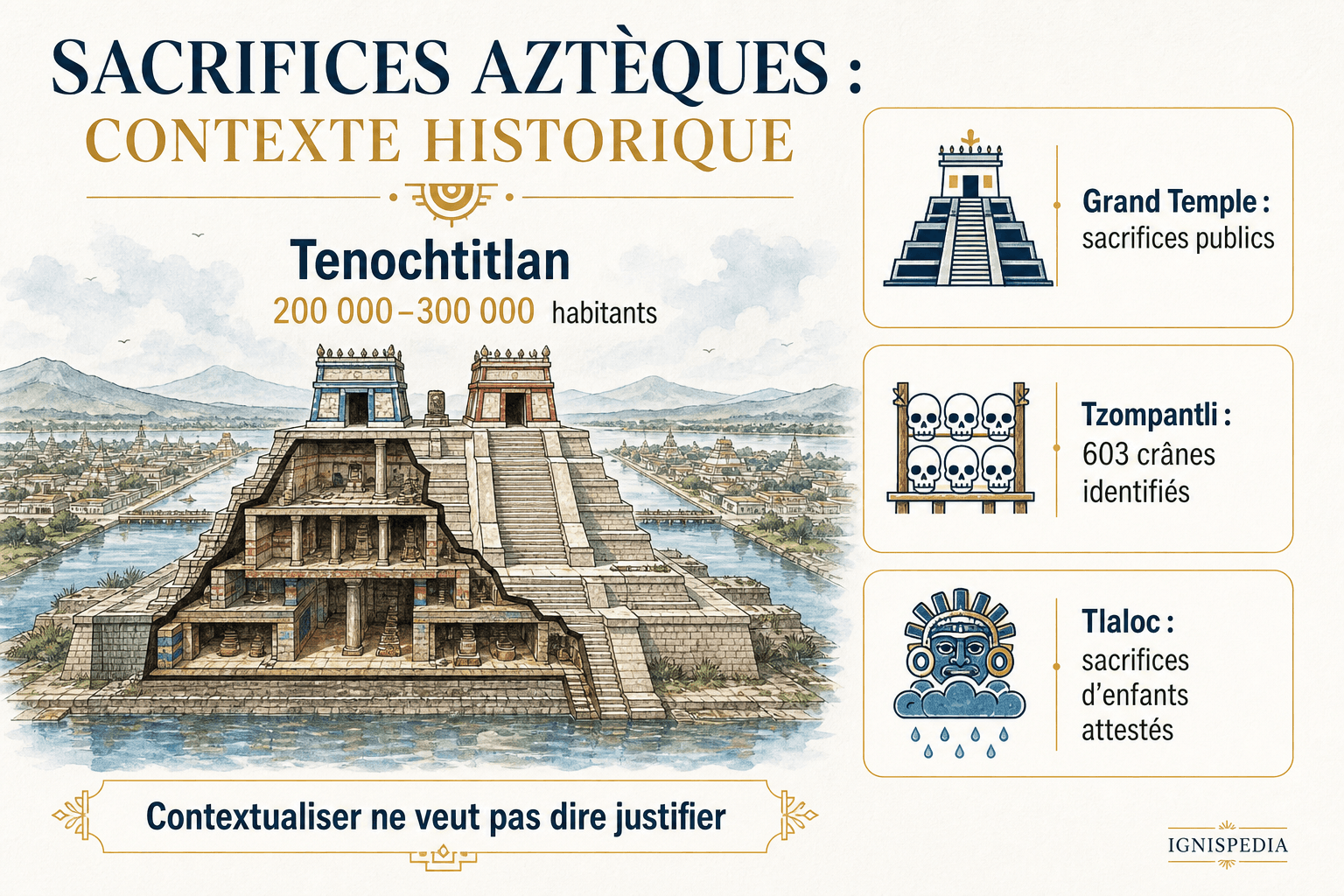 Infographie Ignispedia sur les sacrifices aztèques, le Templo Mayor, le Tzompantli et les sacrifices d'enfants à Tlaloc