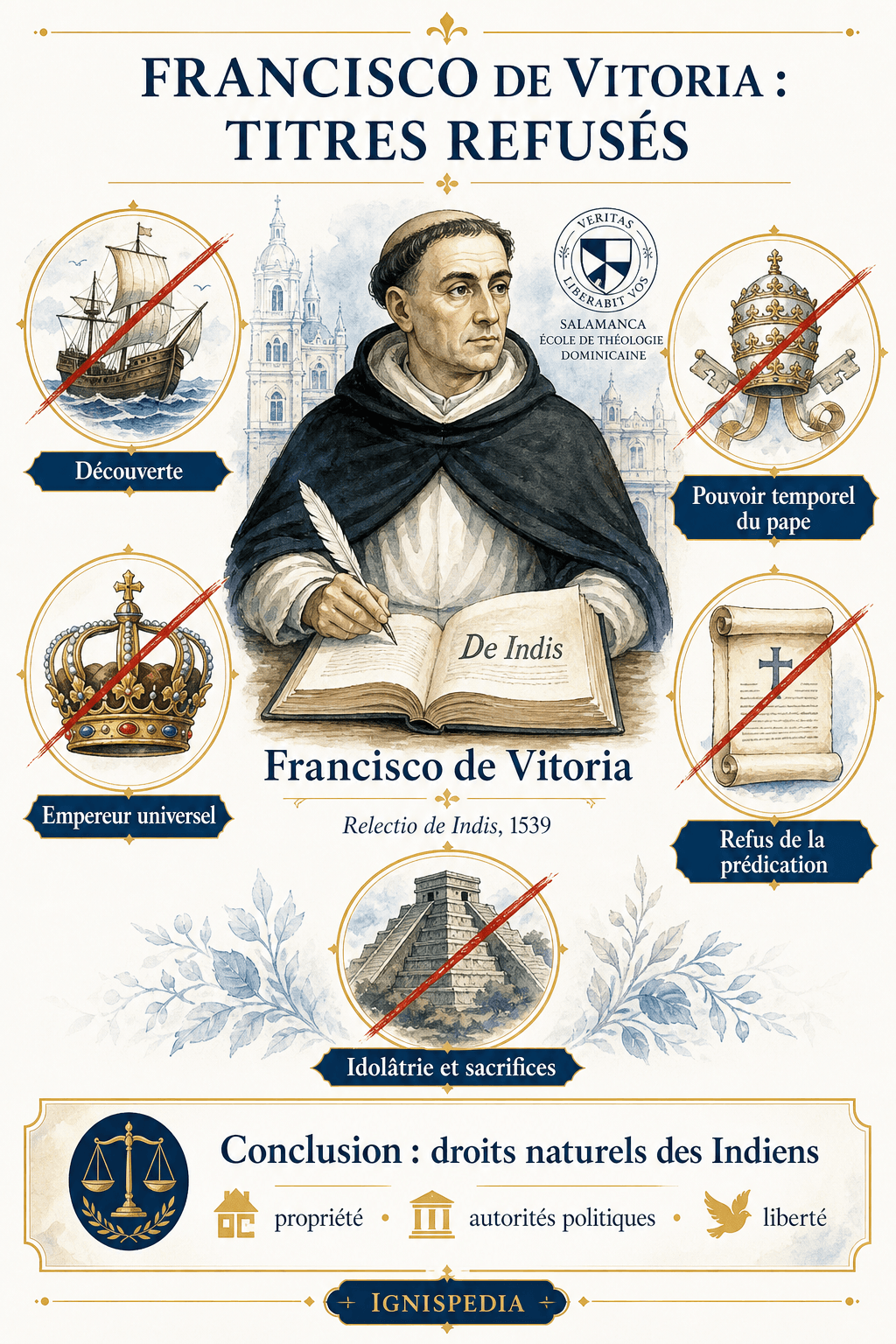 Infographie Ignispedia sur Francisco de Vitoria et les titres de conquête refusés dans la Relectio de Indis