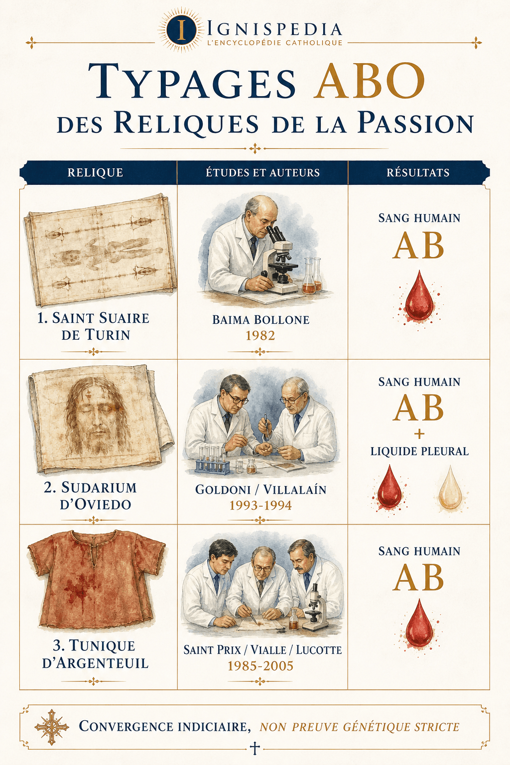 Infographie comparant les typages ABO du Saint Suaire, du Sudarium d'Oviedo et de la Tunique d'Argenteuil