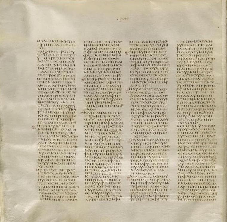 Seite des Codex Sinaiticus, große griechische Bibelhandschrift des 4. Jahrhunderts
