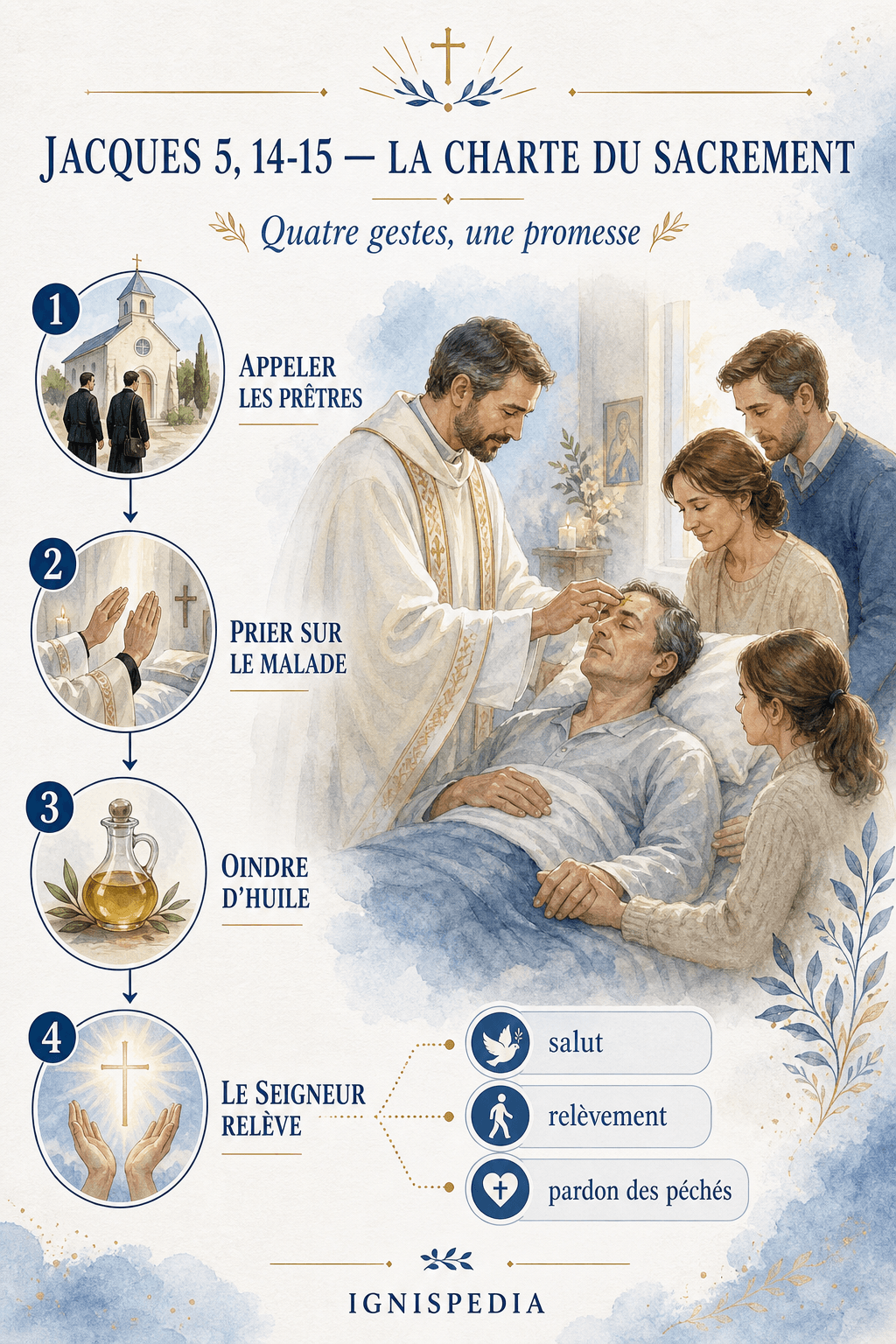 Infografia dos quatro gestos descritos por Tiago 5, 14-15 para a Unção dos Enfermos