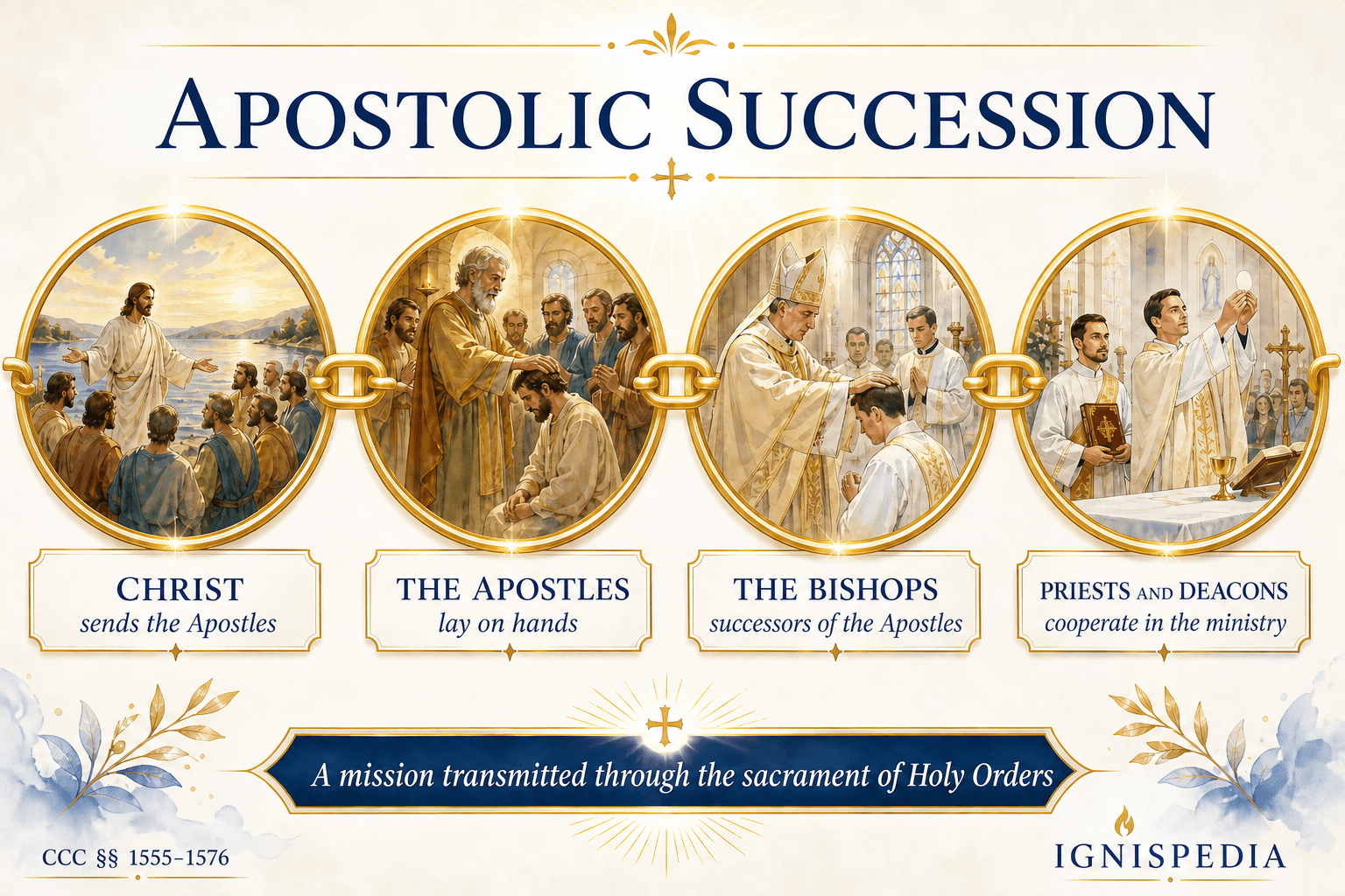 Diagram of apostolic succession, from Christ to the Apostles, then to bishops, priests and deacons