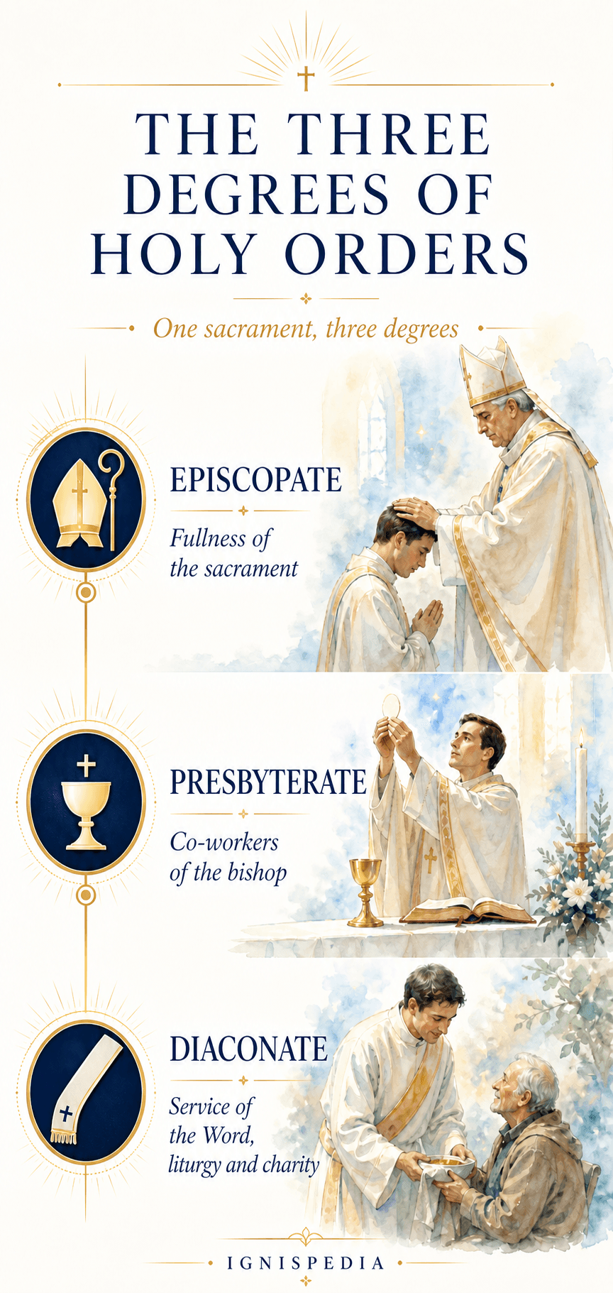 The three degrees of Holy Orders: episcopate, presbyterate and diaconate