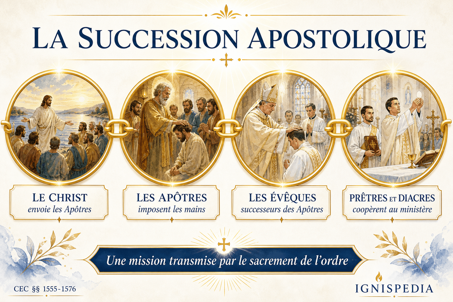 Schéma de la succession apostolique, du Christ aux Apôtres, puis aux évêques, prêtres et diacres