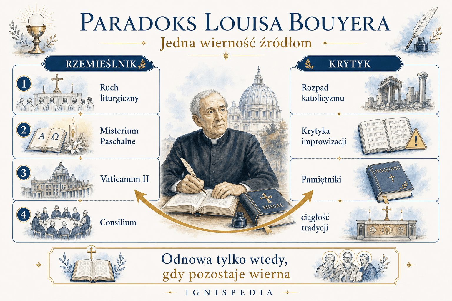Infografika pokazująca paradoks Louisa Bouyera jako rzemieślnika i krytyka reformy liturgicznej
