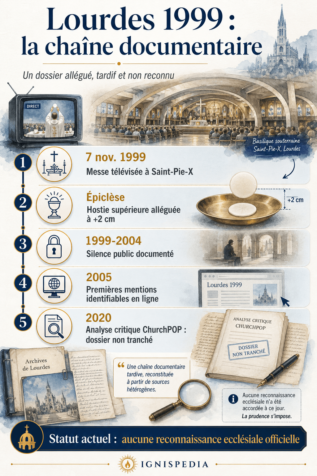 Infographie chronologique du dossier Lourdes 1999, de la messe télévisée aux premières mentions en ligne