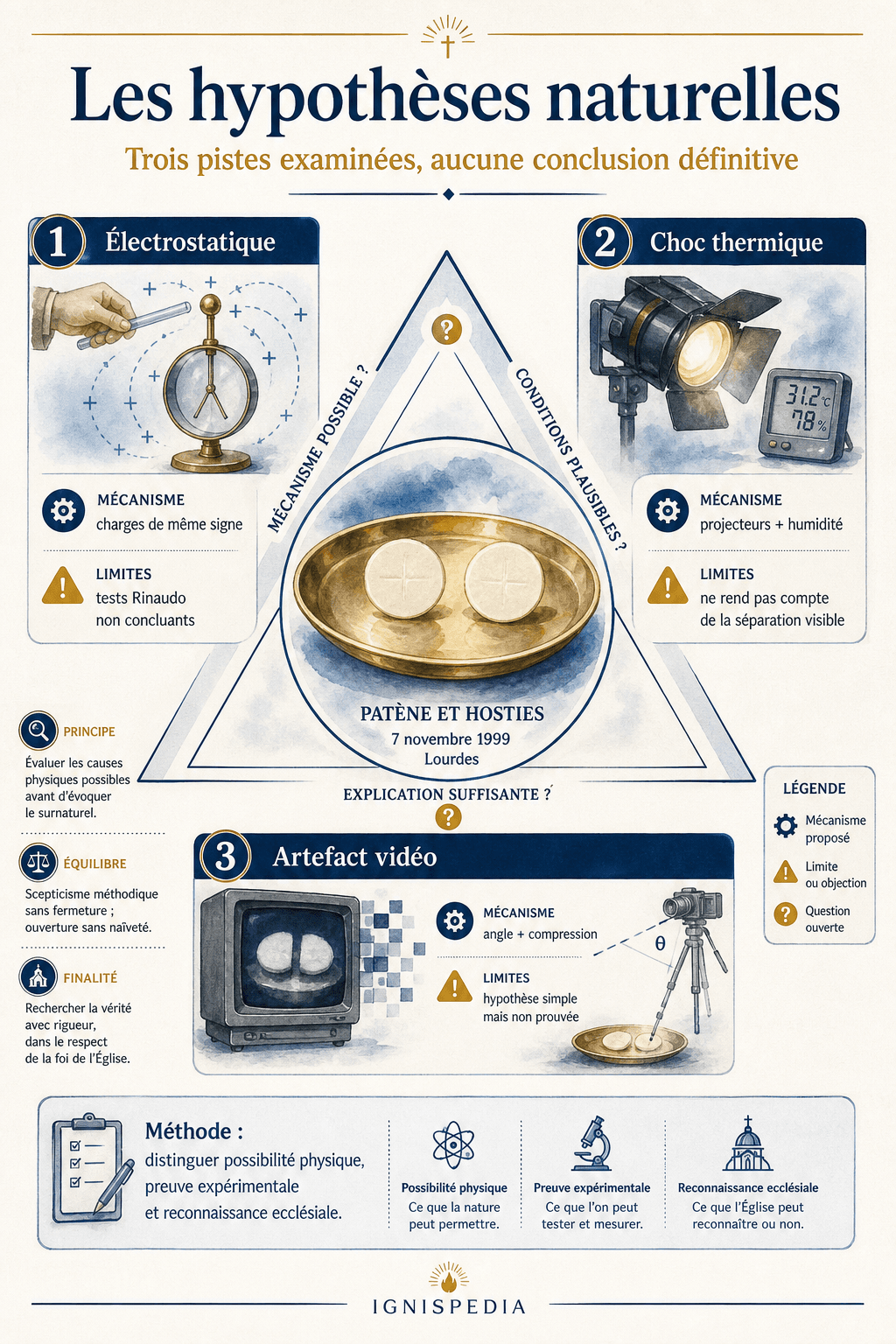 Schéma comparatif des hypothèses naturelles pour Lourdes 1999 : électrostatique, choc thermique et artefact vidéo