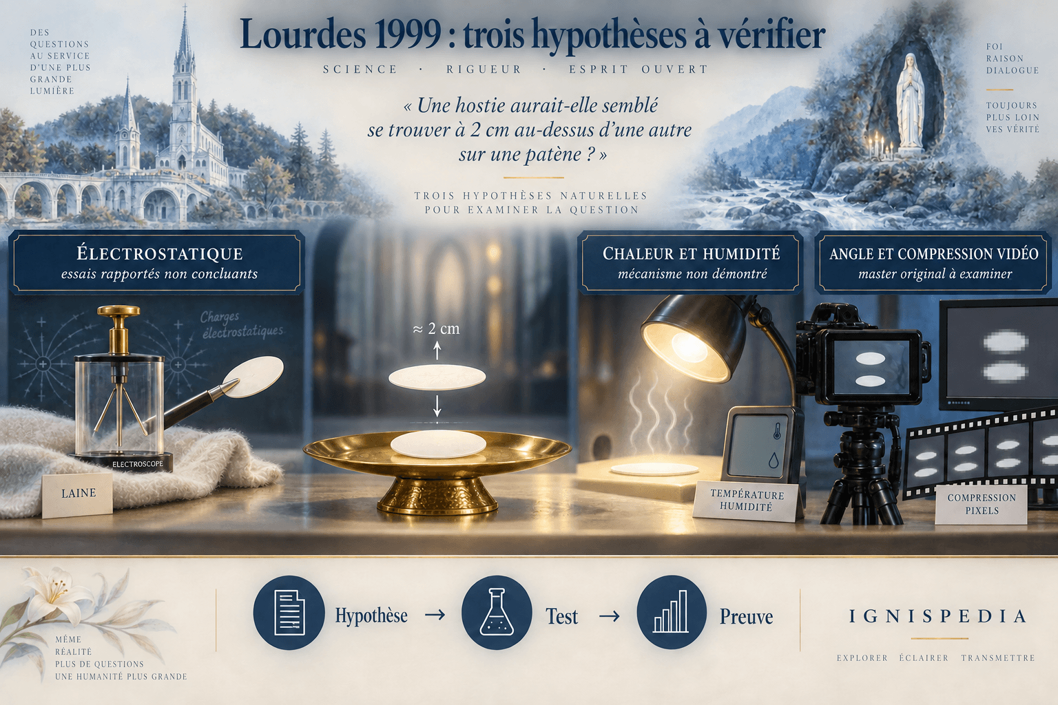 Lourdes 1999 için tartışılan elektrostatik, termal ve video hipotezlerinin gösterildiği deney düzeneği