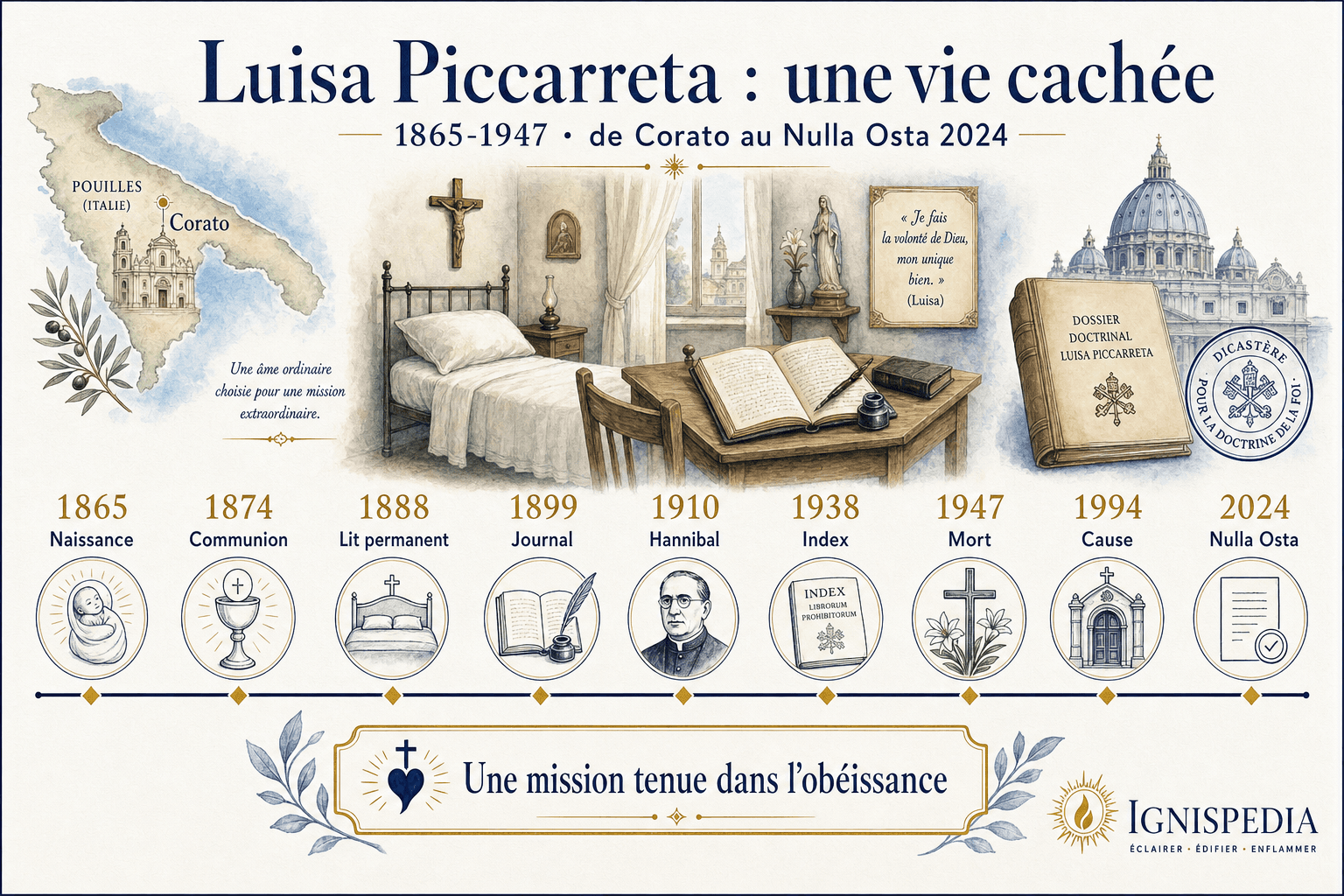 Chronologie illustrée de la vie de Luisa Piccarreta en neuf dates, de 1865 à 2024