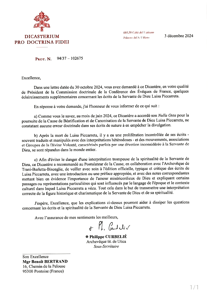 Lettera del Dicastero per la Dottrina della Fede, 3 dicembre 2024
