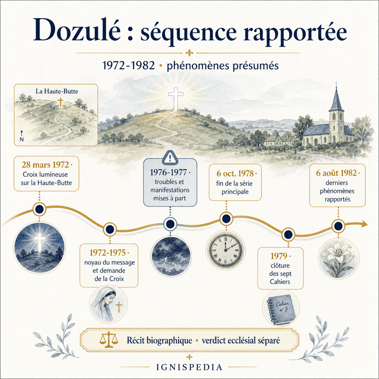 Frise chronologique des phénomènes présumés de Dozulé rapportés par Madeleine Aumont entre 1972 et 1982