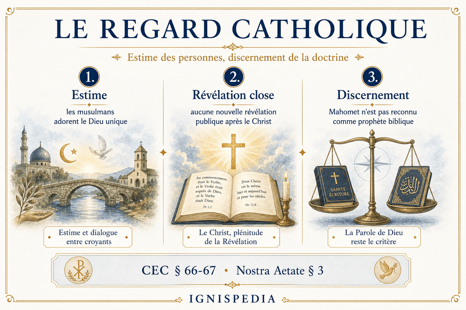 Infografica Ignispedia che riassume lo sguardo cattolico su Maometto: stima dei musulmani, Rivelazione chiusa in Gesù Cristo e discernimento dottrinale.